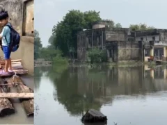 हमीरपुर: दो दिन की बारिश से सड़कें तालाब बनीं, बच्चे जुगाड़ू नाव से स्कूल जा रहे