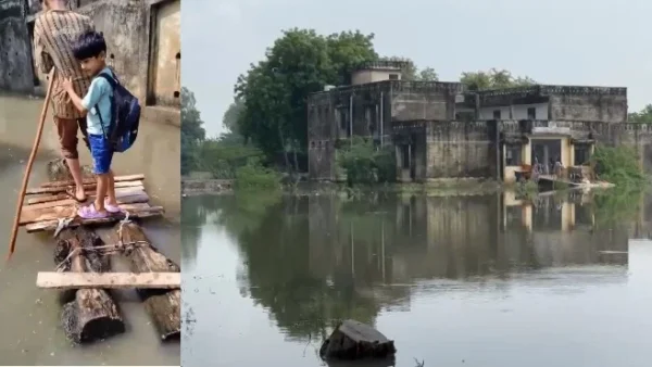 हमीरपुर: दो दिन की बारिश से सड़कें तालाब बनीं, बच्चे जुगाड़ू नाव से स्कूल जा रहे