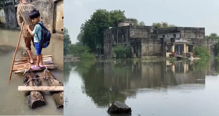 हमीरपुर: दो दिन की बारिश से सड़कें तालाब बनीं, बच्चे जुगाड़ू नाव से स्कूल जा रहे